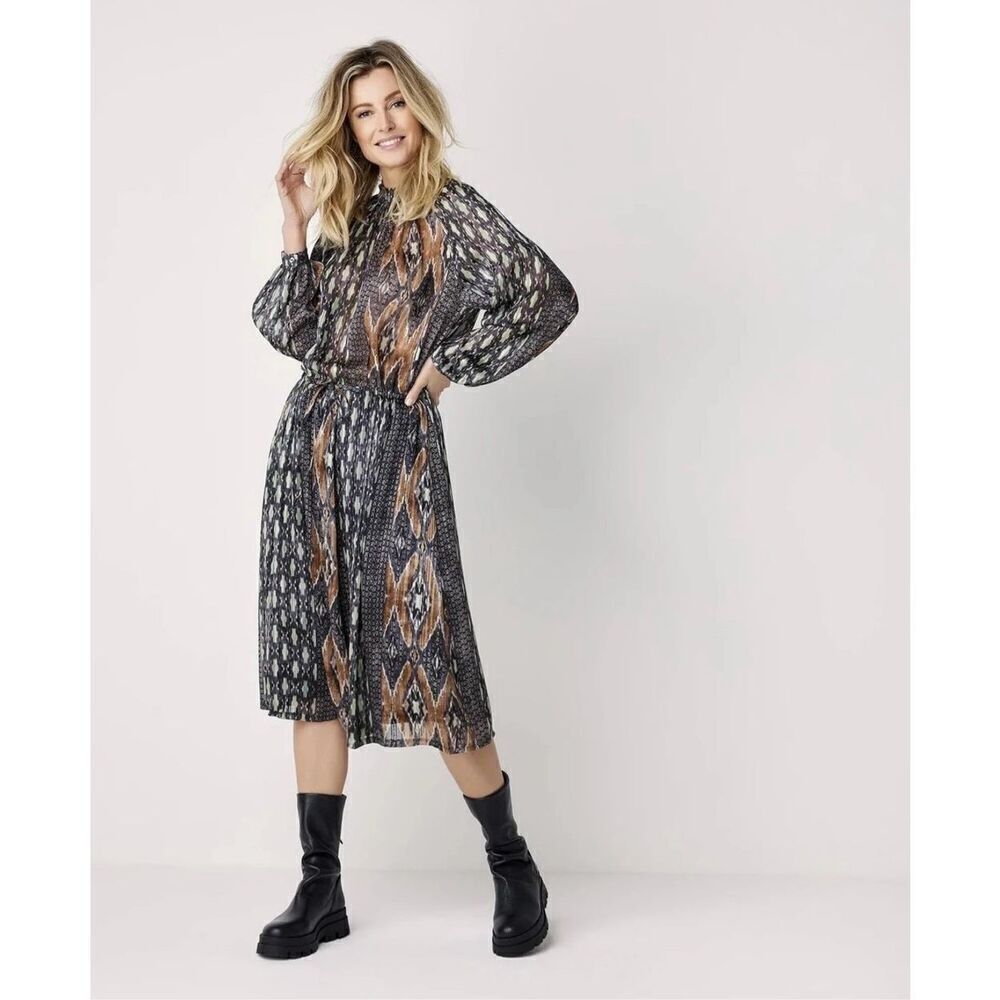 Summum Midi Dress with Ikat print Long Sleeve Flowy Boho Cinched Tie Waist S